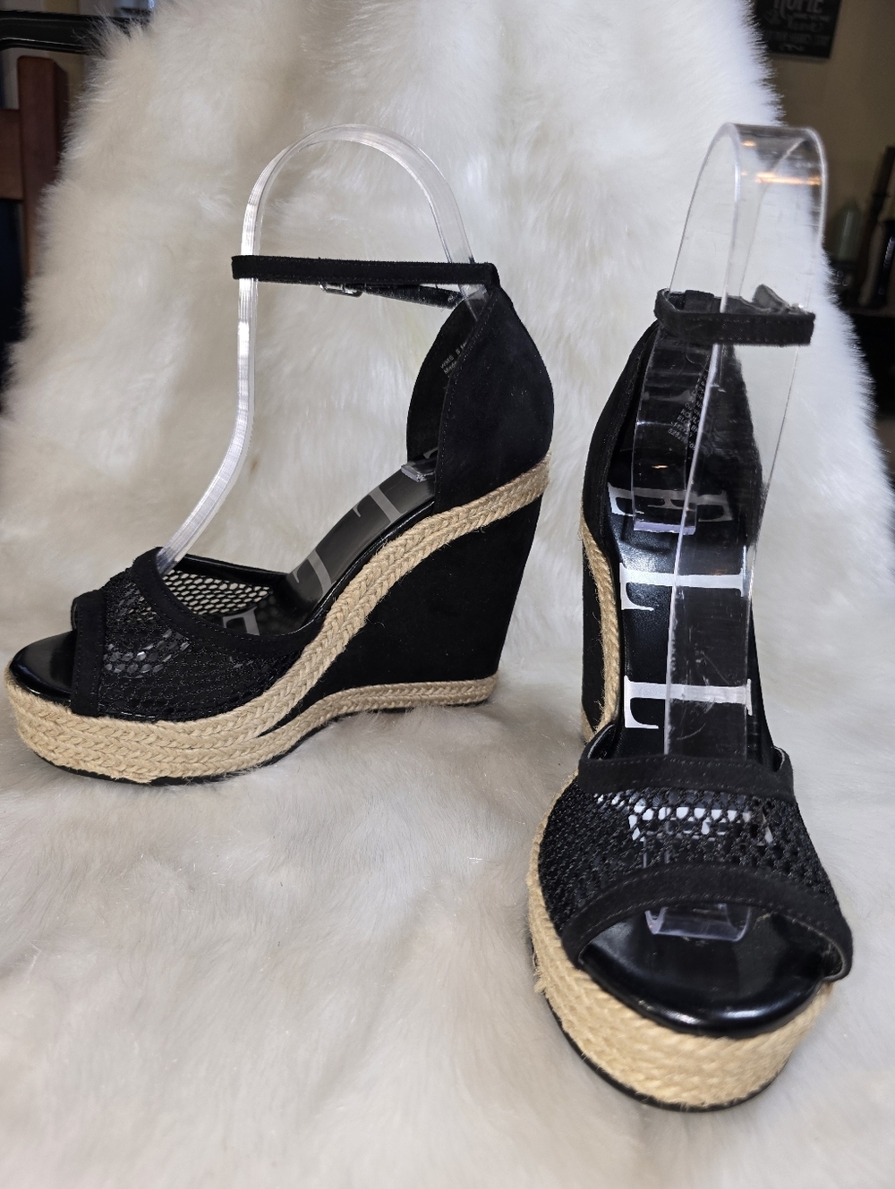 Elle Gabrielle Womens Black Wedge Espadrille Sandals with Ankle Strap - Picture 3 of 10